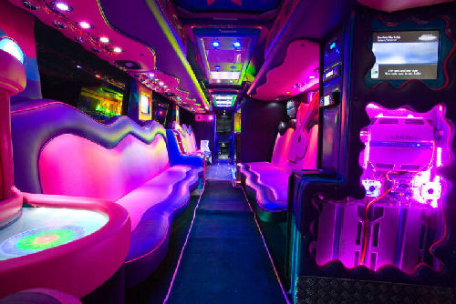 Chauffeur driven Party Bus limo hire interior in Bristol, Gloucester, Cheltenham, Cardiff, Wales, Weston Super Mare, and Bath.